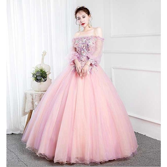 カラードレス ロングドレス 袖あり ピンク ウェディングドレス ロング丈 パーティードレス 大きいサイズ ピアノイブニングドレス - 2