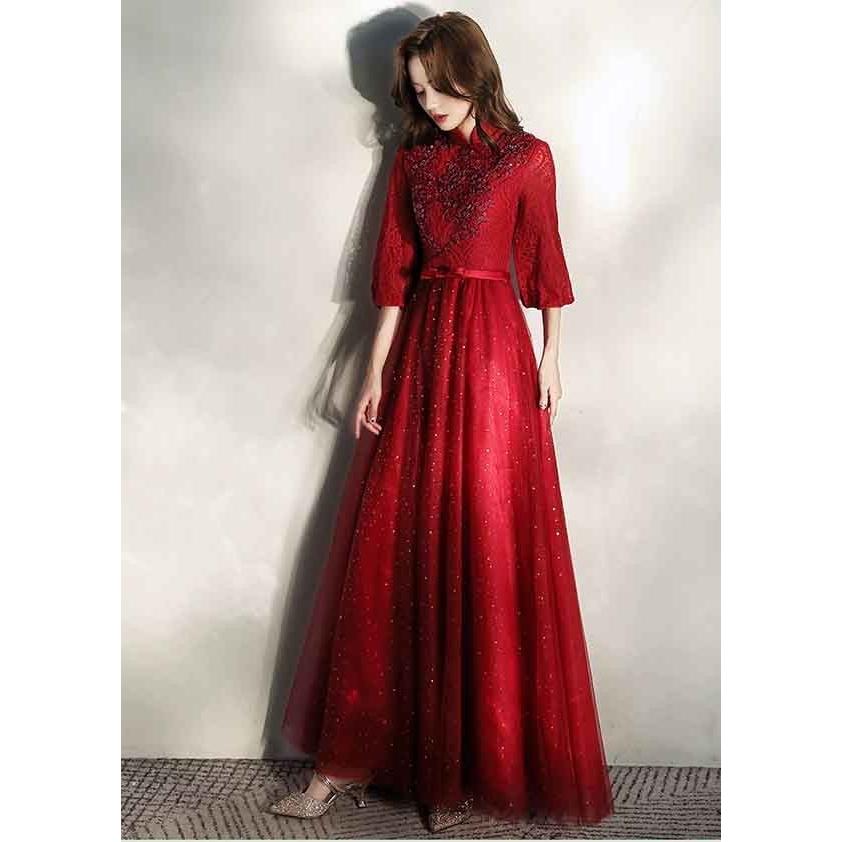 ドレス大人 ピアノ発表会 ワインレッド妊婦パーティードレスロング