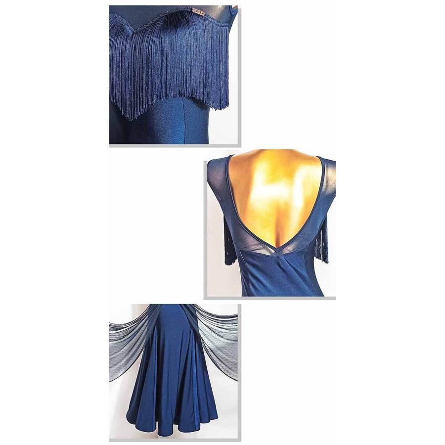 社交ダンス ドレス ダンスドレス 大きい裾 パッド付き 青 モダン