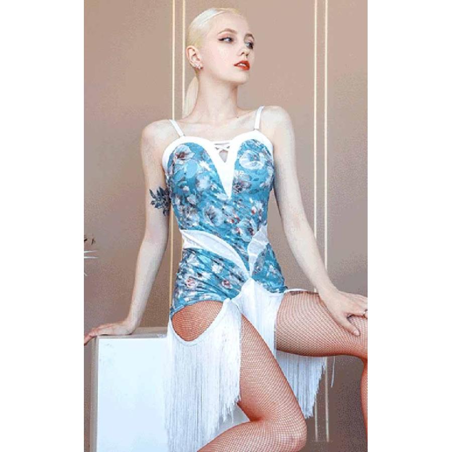 MEICHENCC社交ダンスドレス 練習着 ラテンダンス ワンピース黒水色