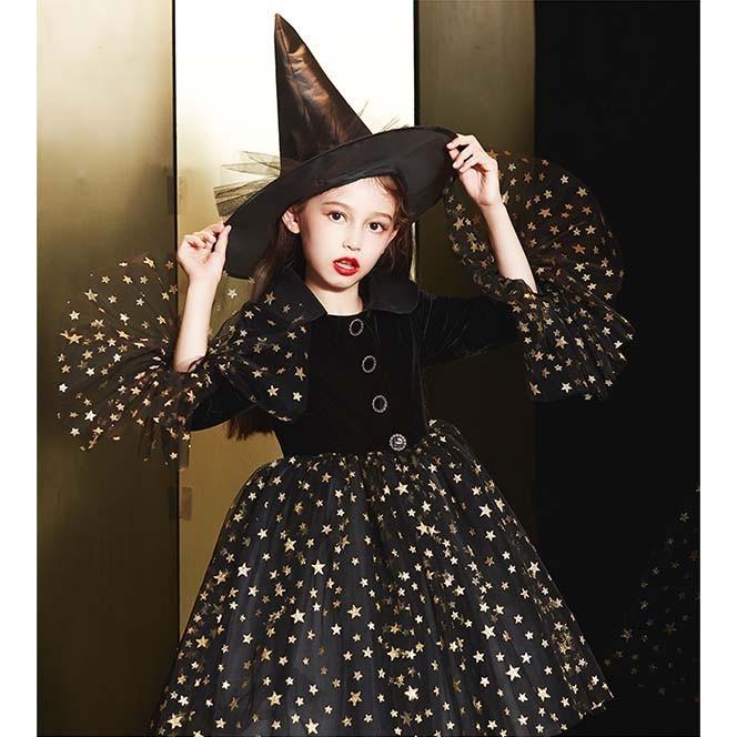 コスプレ 衣装 キッズ 子供服 ハロウィン 魔女 ウィッチ 星柄 リボン 女の子 ワンピース パフスリーブ 長袖 帽子 ロング丈 レースアップ コスプレ 衣装 子供服 ハロウィン 魔女 ウィッチ パフスリーブ 長袖