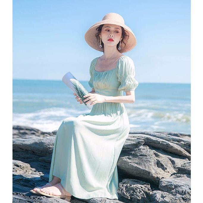 ミントグリーン ワンピース Aライン ハイウエスト ブッファン