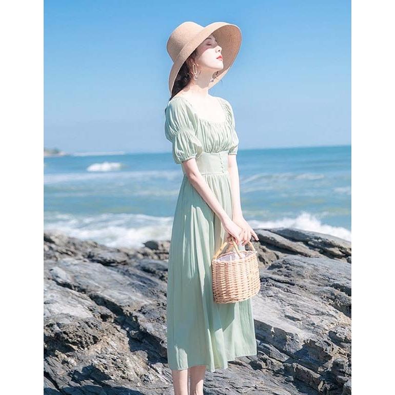 ミントグリーン ワンピース Aライン ハイウエスト ブッファン