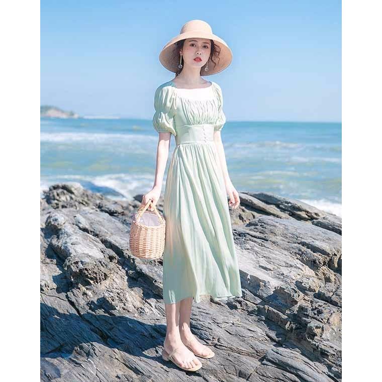 ミントグリーン ワンピース Aライン ハイウエスト ブッファン