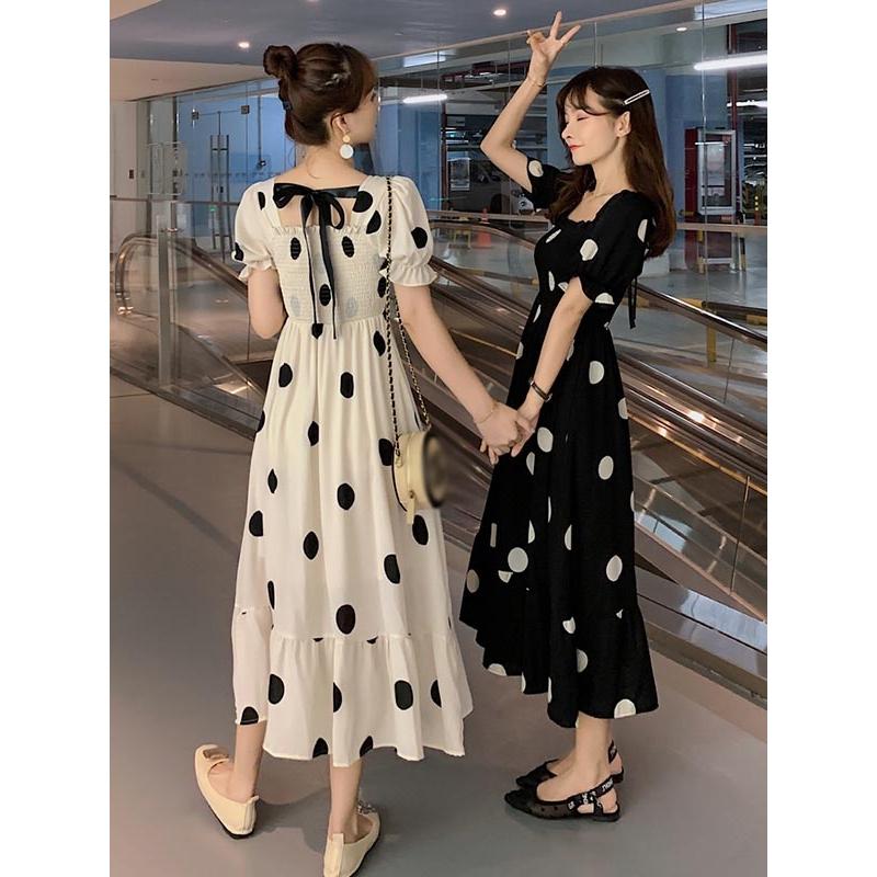 水玉柄 スクエアネック ぽっちゃり 上品 エレガント 半袖 リボン