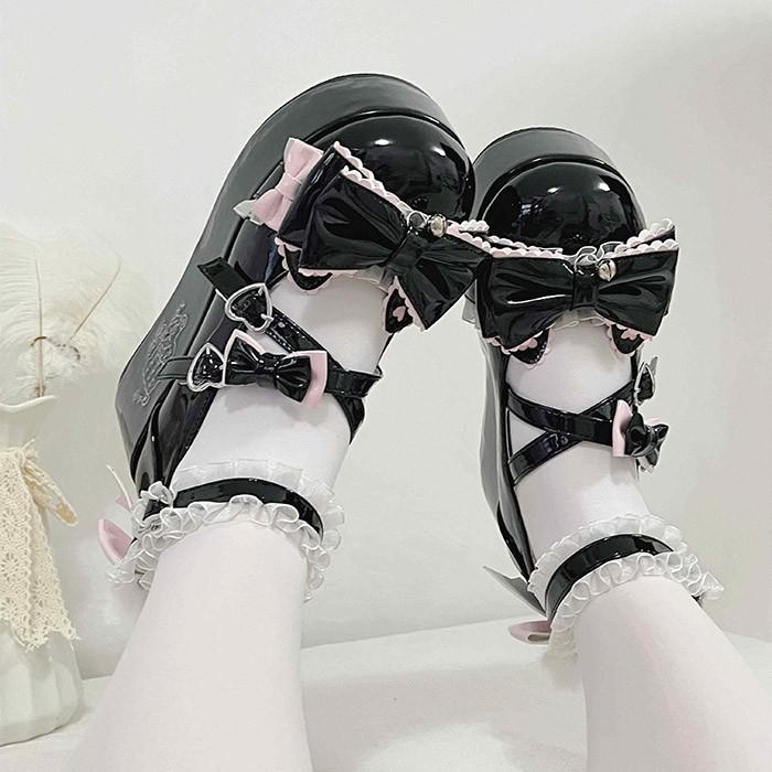 ロリータ風 リボンパンプス レース付き 厚底パンプス 可愛い 地雷系 量産型 厚底 ロリータ パンプス メリージェーン レディース リボン レース