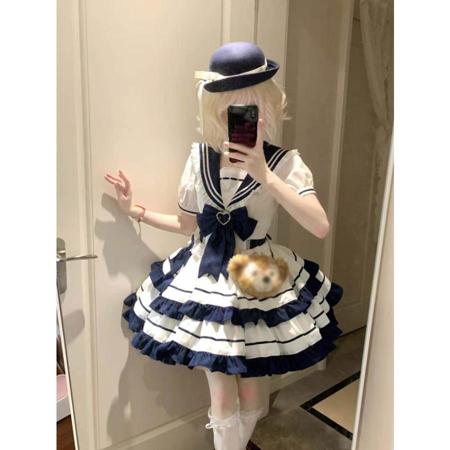 ロリータ ワンピース セーラーカラー ティアードスカート 半袖 制服風