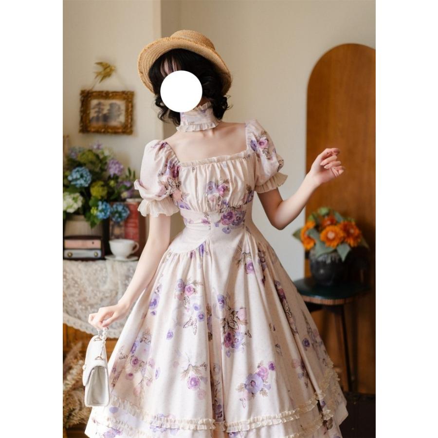 ロリータ ワンピース レディース 花柄 半袖 パフスリーブ スクエア