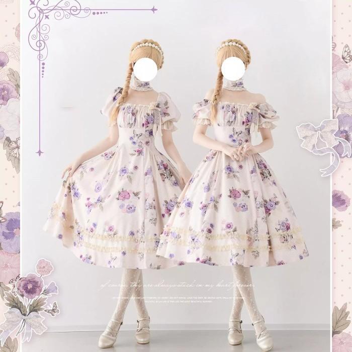 ロリータ ワンピース レディース 花柄 半袖 パフスリーブ スクエア