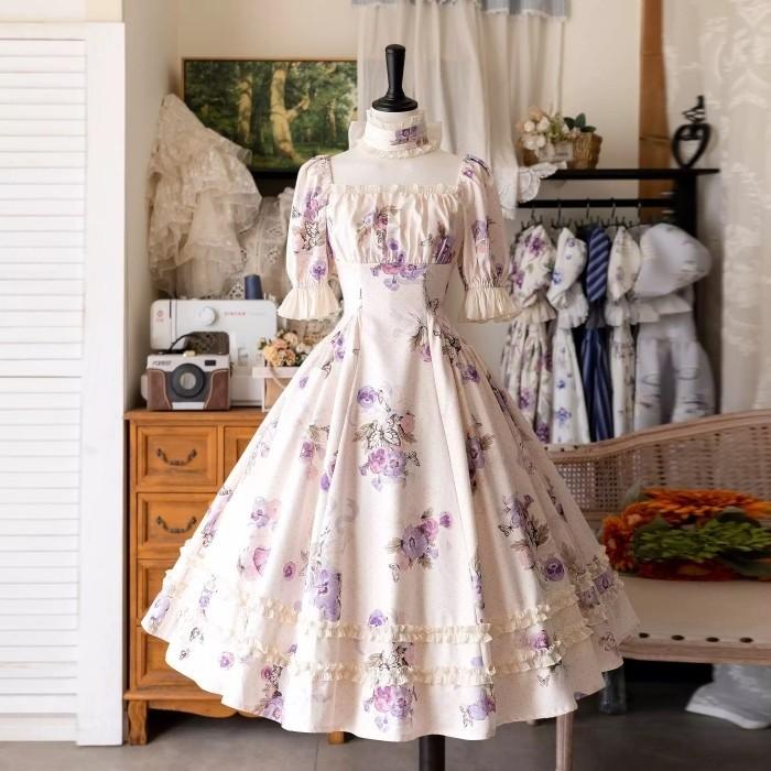 ロリータ ワンピース レディース 花柄 半袖 パフスリーブ スクエア