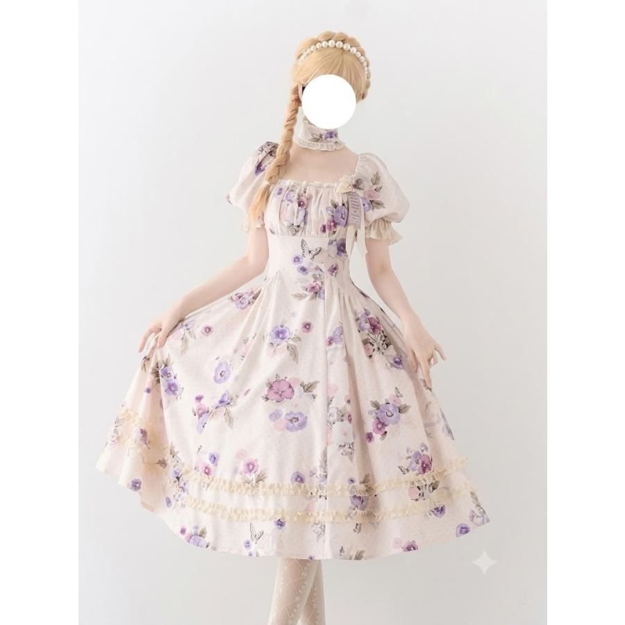 ロリータ ワンピース レディース 花柄 半袖 パフスリーブ スクエア