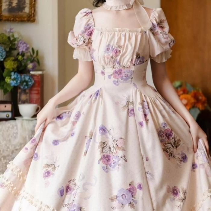 ロリータ ワンピース レディース 花柄 半袖 パフスリーブ スクエア