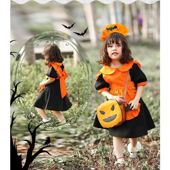ハロウィン衣装 かぼちゃ カボチャ パンプキン ワンピース エプロン ドレス 3点セット 悪魔 魔女 女の子 子供用 仮装 魔法 髪飾り 黒 蝙蝠 パーティー 0669 ショップモモ 通販 Yahoo ショッピング