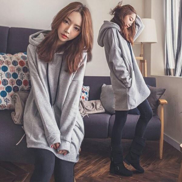 レディースパーカー ビッグパーカー ロング丈 グレー トレーナーパーカー 大きいサイズ トップス カジュアルコーデ シルエットパーカー