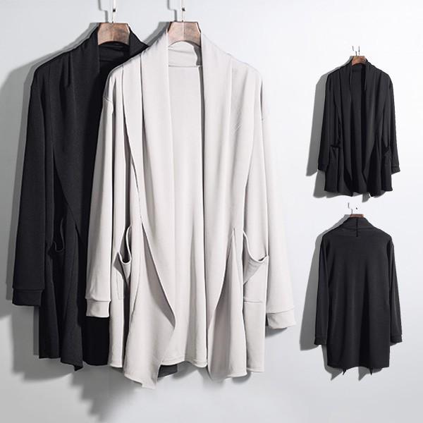 カーディガン メンズ ロングカーディガン コーディガン ジャケット 羽織 薄手 長袖 無地 アウター ドレープ ボタンなし ストレッチ 襟付き 前開き 肩掛け