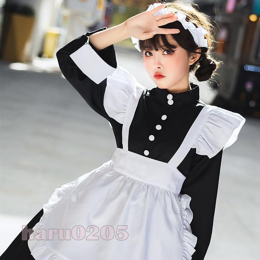 メイド服 黒白 ワンピース 長袖 レディース コスプレ 膝丈 エプロン 髪飾り付き クラシカル メイド ロリータ フリル 制服 喫茶店変装 パーティー衣装 メイド服 メイド服 黒 白 コスプレ