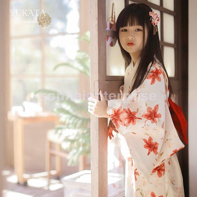 評判 浴衣子供浴衣ゆかたyukata百合ゆりユリ子供女の子キッズ子どもこどもホワイト赤花
