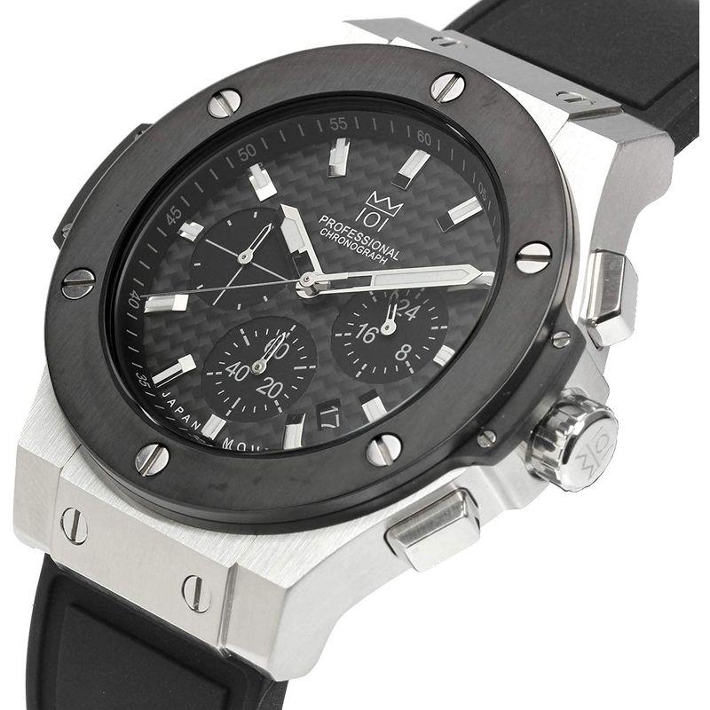 ヒャクイチ 101 腕時計 ウォッチ 100m防水 クロノグラフ 日付表示 ラバーベルト ブラック×シルバー カーボン メンズ 