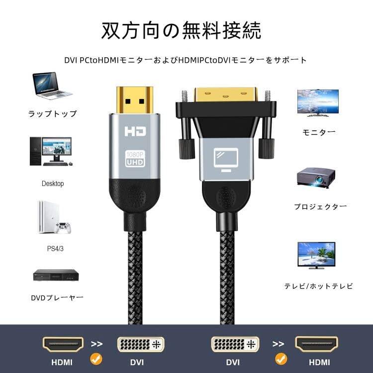 HDMI-DVI 変換ケーブル 1.8M 双方向対応 HDMI to DVI(24+1)変換ケーブル 1080P DVI-D オス-HDMI タイプAオスナイロン編みケーブル 対応 PS4 PS5 DVD｜shop-nw｜02