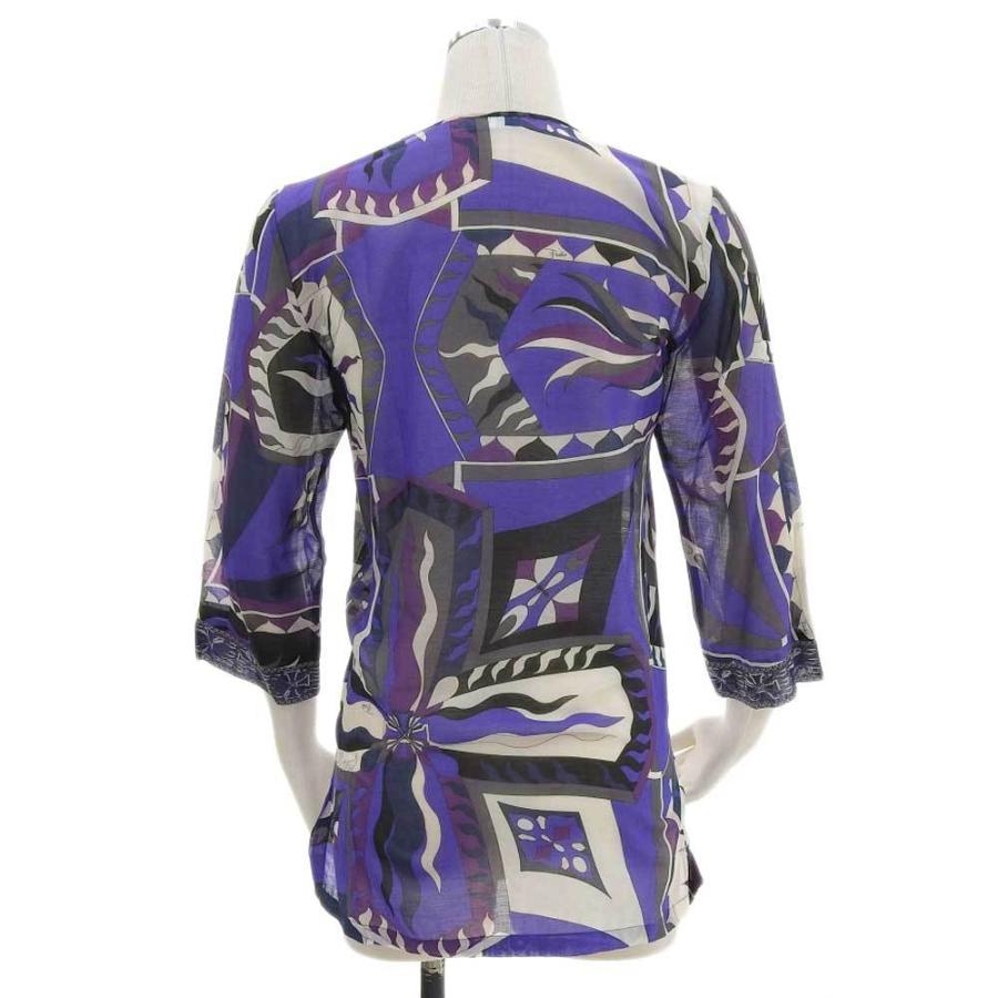 EMILIO PUCCI - 【本物保証】 美品 エミリオプッチ EMILIO PUCCI レースアップ チュニック カットソー コットン シルク パープル 38 幾何学模様 インナー EMILIO PUCCI エミリオプッチ レースアップ チュニック