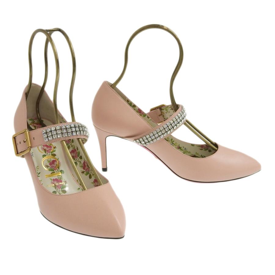 グッチ GUCCI パンプス 花柄 フラワー レザー ラインストーン ピンク 