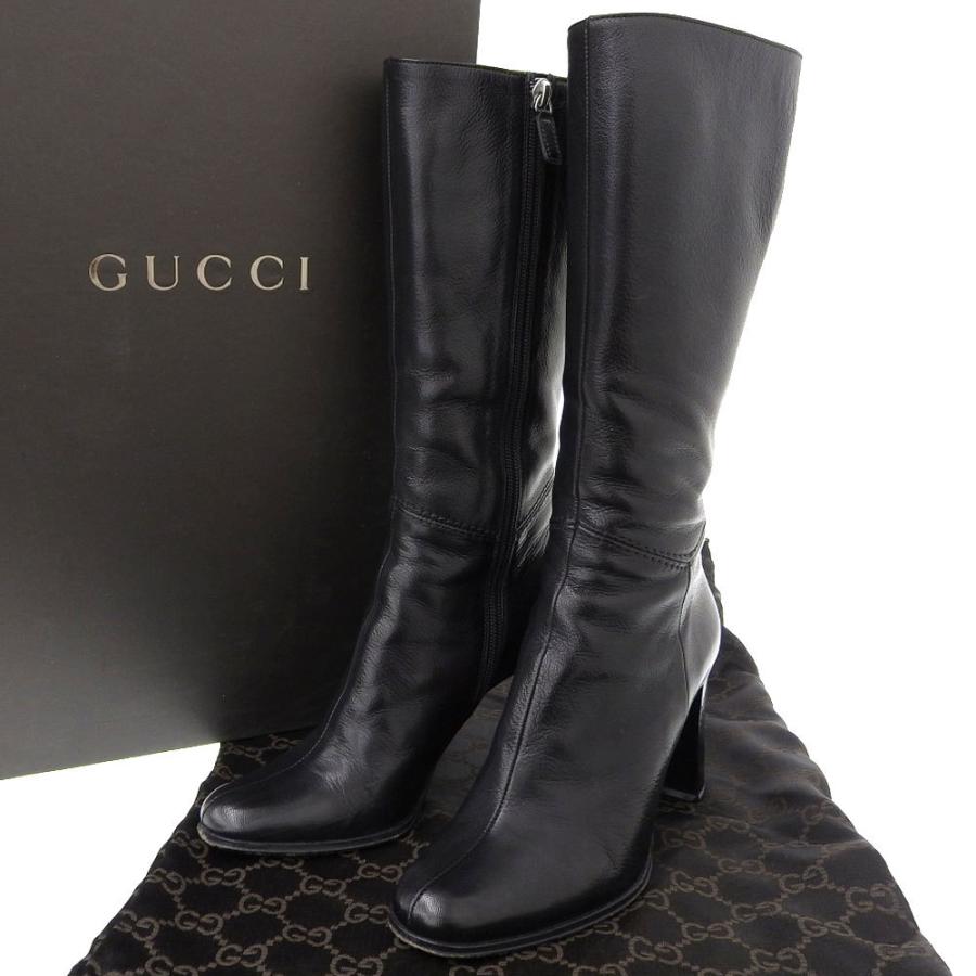 GUCCI（グッチ） ロングブーツ インターロッキングG ロゴ 靴 レザー 黒