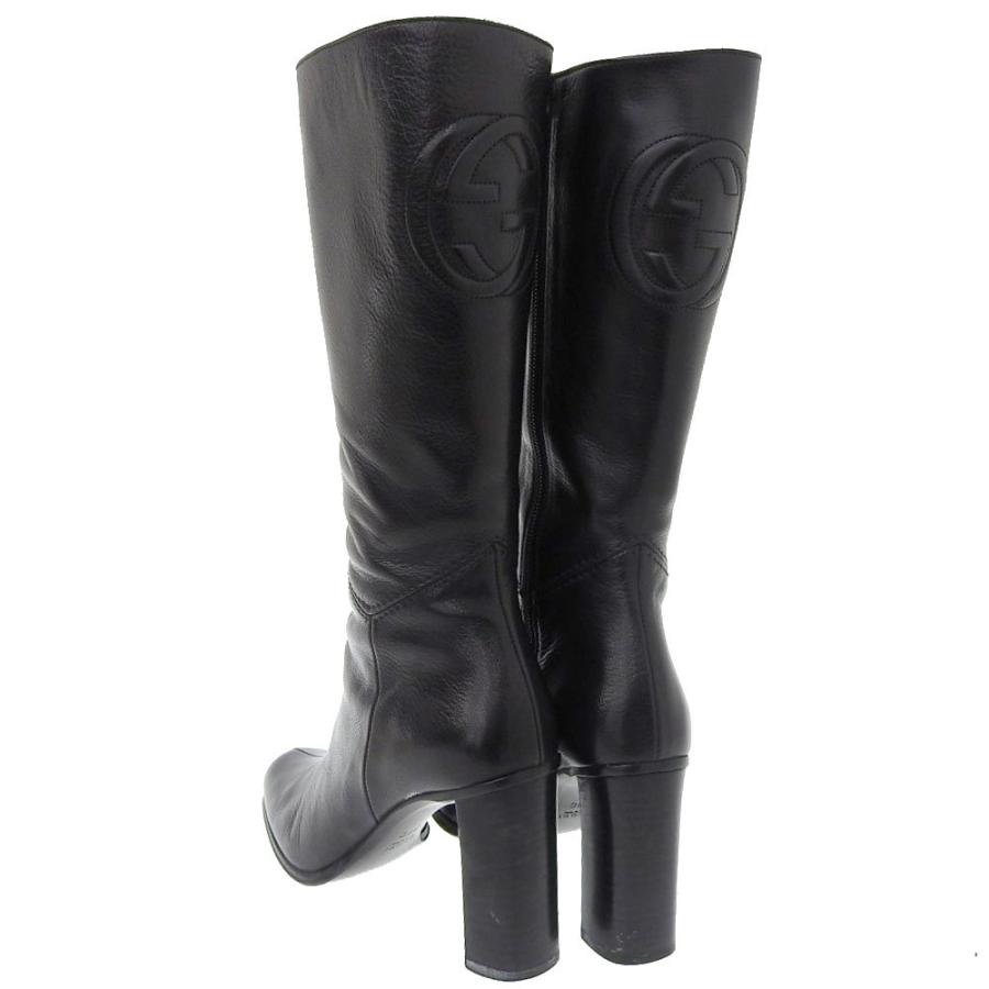 GUCCI（グッチ） ロングブーツ インターロッキングG ロゴ 靴 レザー 黒