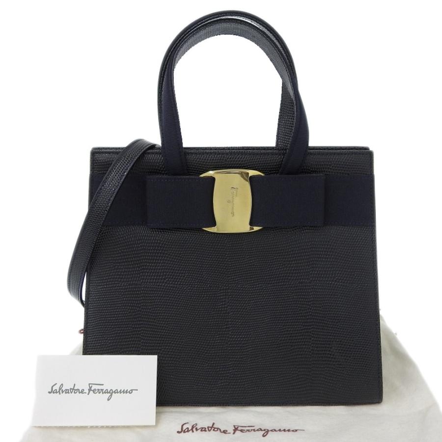 サルヴァトーレ フェラガモ SALVATORE FERRAGAMO ヴァラリボン 2WAYバッグ リザード型押し レザー 黒 BA214178