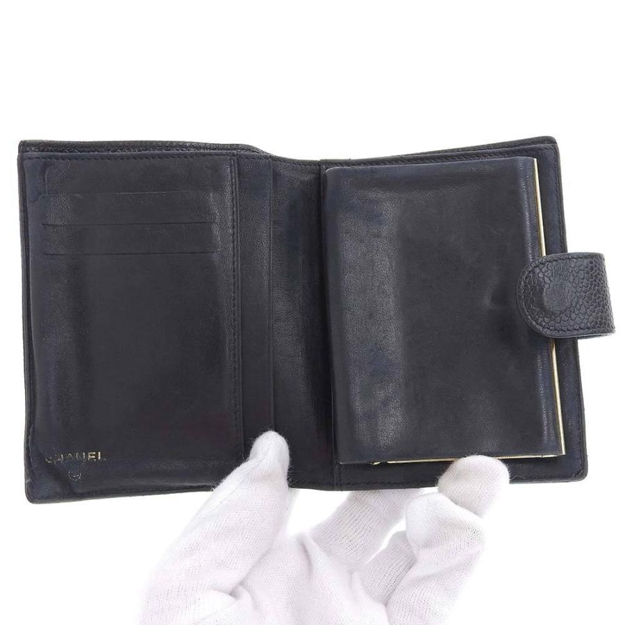 【本物保証】 保付 シャネル CHANEL ホック付 ガマ口付折財布 キャビアスキン 黒 シール付 4番台 ブティックシール(1998.8.15 K.T) A13497 キャビアスキン シャネル CHANEL ホック付 ガマ口付折財布 黒 シール付