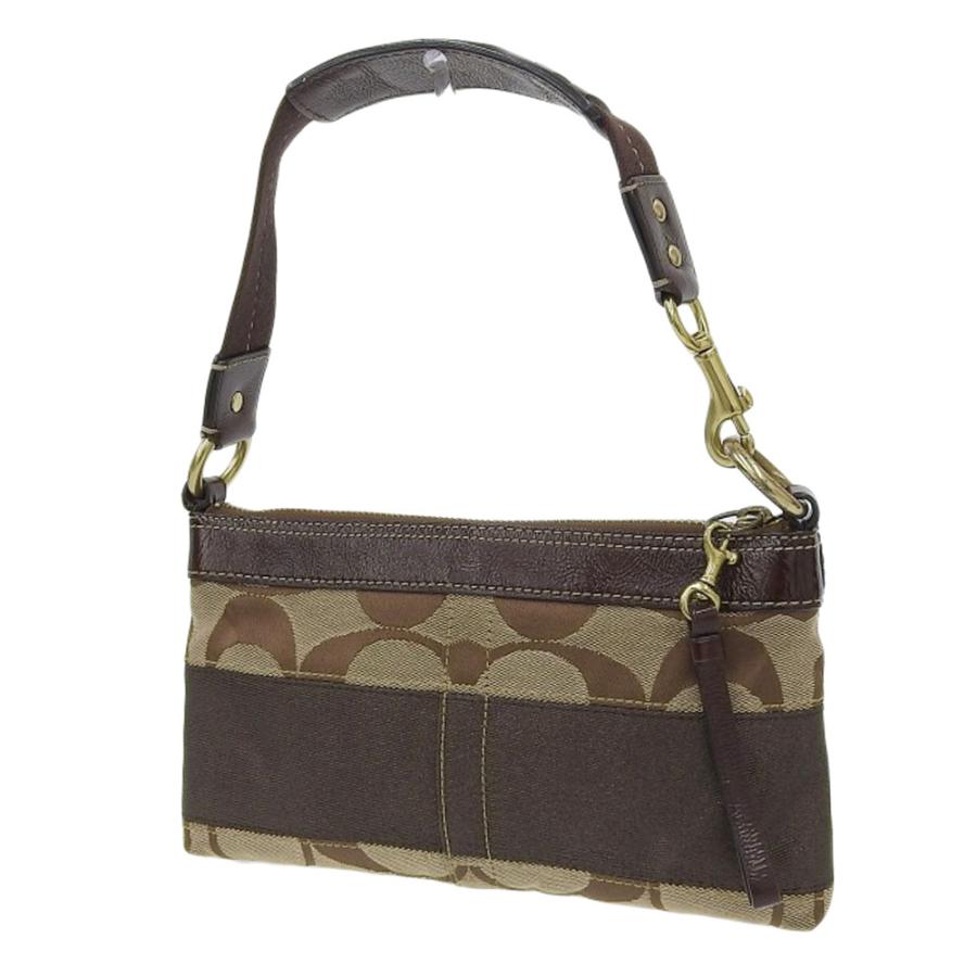 【美品】COACH シグネチャーレザー　ハンドバッグ　ポーチ　ダークブラウン COACH（コーチ） シグネチャー ストライプ ショルダーポーチ