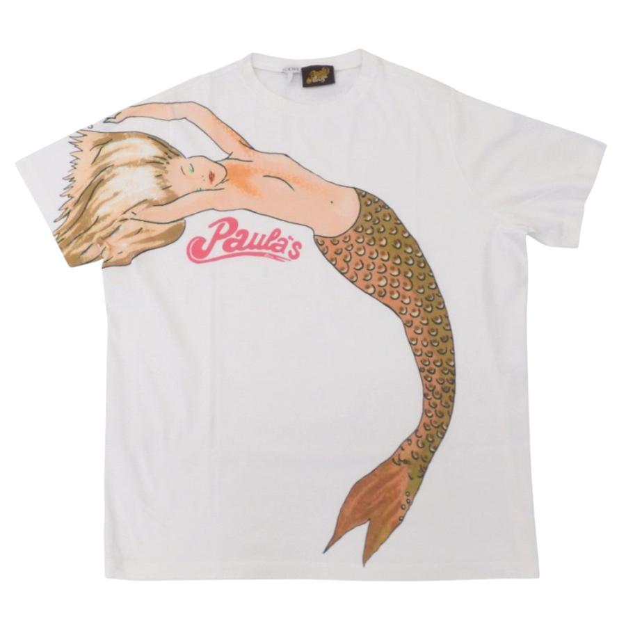 LOEWE(ロエベ) 半袖Tシャツ サイズXS レディース アイボリー×ダークネイビー×マルチ 麻混/Paula'sエンブロイダリー/ボーダー/ × Paula's Ibiza ロエベ ポーラスイビザ 半袖Tシャツ オーバーサイズ マーメイドTEE