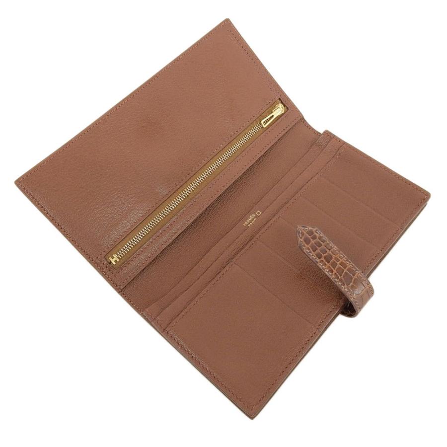 エルメス HERMES ベアン スフレ 長財布 クロコ アリゲーター ブラウン 