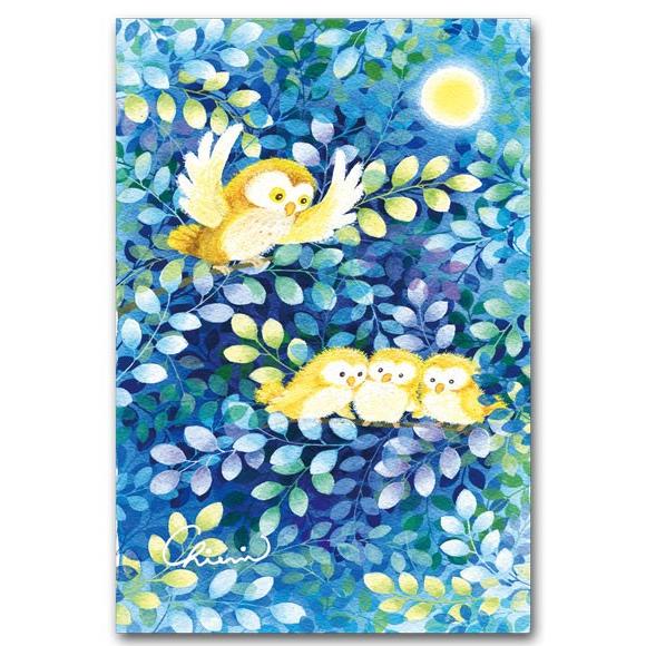 水彩イラストポストカード ふくろう親子の合唱 花の絵葉書｜shop-wadouraku