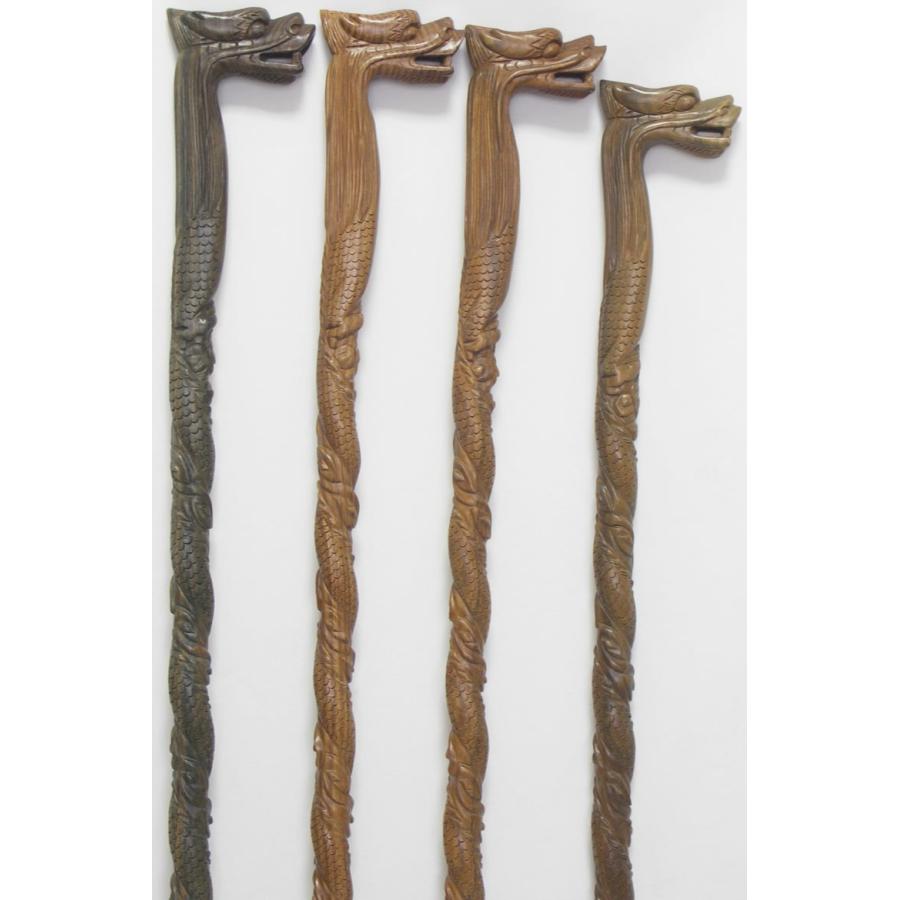 緑檀（りょくだん）手彫り龍（ドラゴン）L字型1本ステッキ Lサイズ