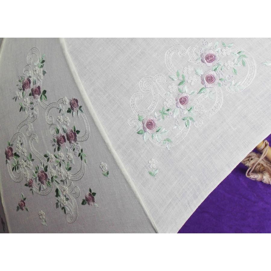ベトナム刺繍 手刺繍 刺繍麻（あさ）のパラソル 日傘 皇室御用達 前原光栄商店「前原傘 ベトナム刺繍麻日傘（UVカット加工）手元エゴノキ白 Ｃタイプ」の画像