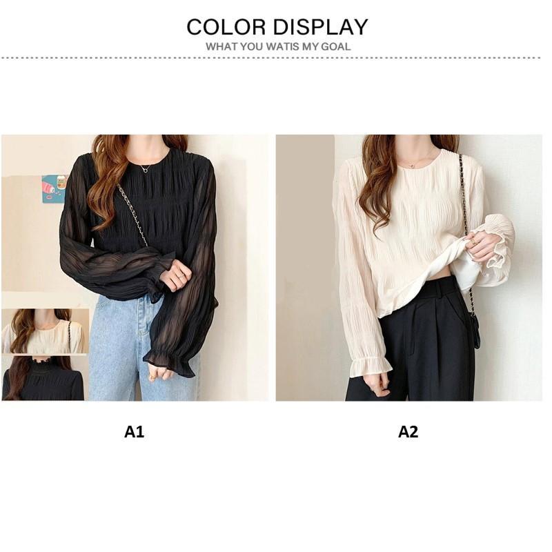 Tシャツ Uネック ブラウス 長袖 春 シフォン シャーリング ギャザー