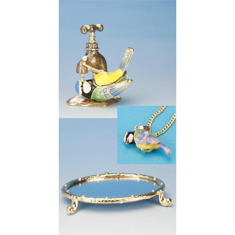 インテリア 小物入れ 宝石箱 置物 鳥 アオガラ ＆ ミラーテーブル チャーム付き piearth ジュエリーボックス 金属 クリスタル 鏡 かわいい おしゃれ_1