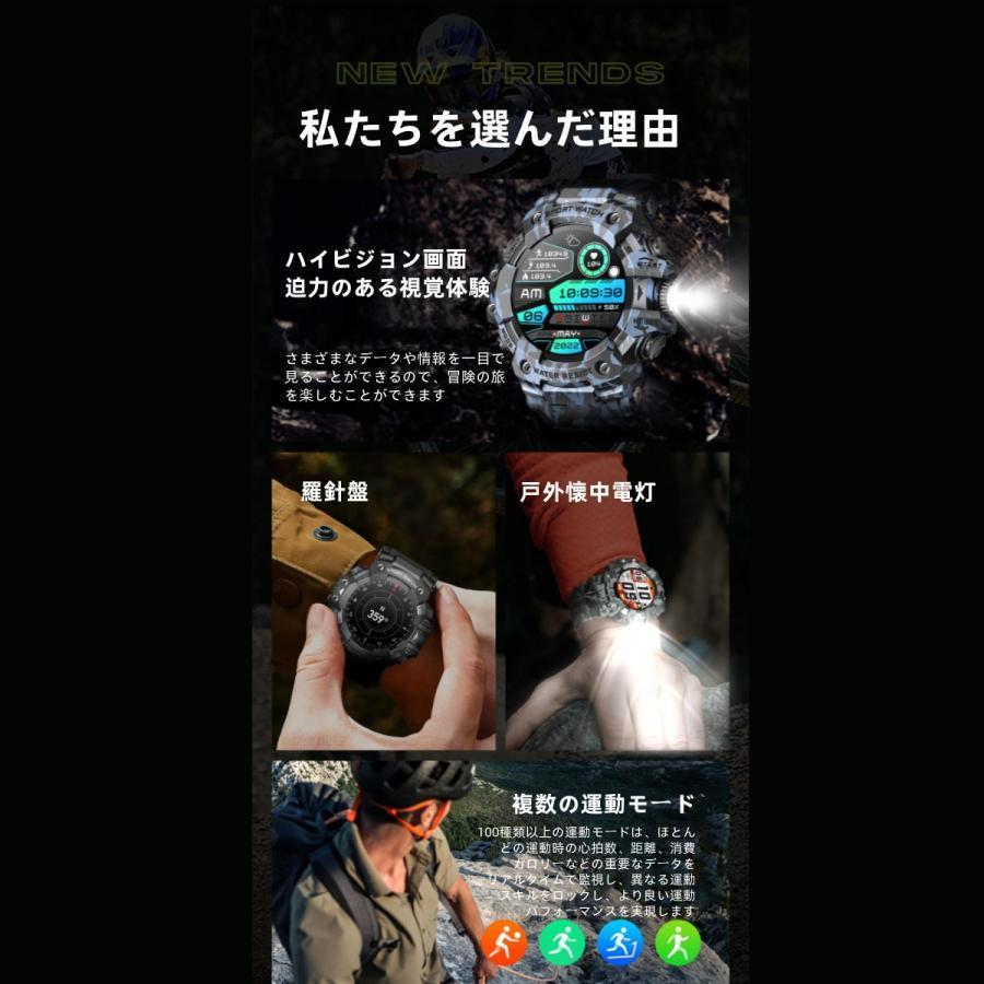 【アウトドアスタイル】スマートウォッチ 日本製センサー 懐中電灯 血圧 IP68防水 心拍数 健康測定メンズ レディース 大画面 高精度 コンパス 敬老の日 日本語_4