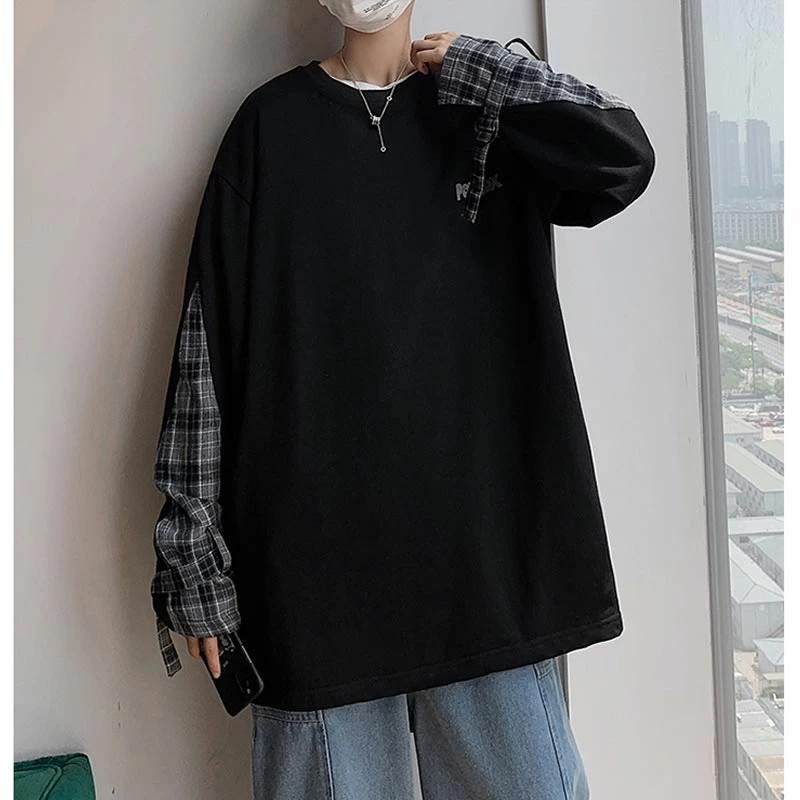 長袖Tシャツ 韓国 ファッション ゆったり チェックシャツ 切り替え