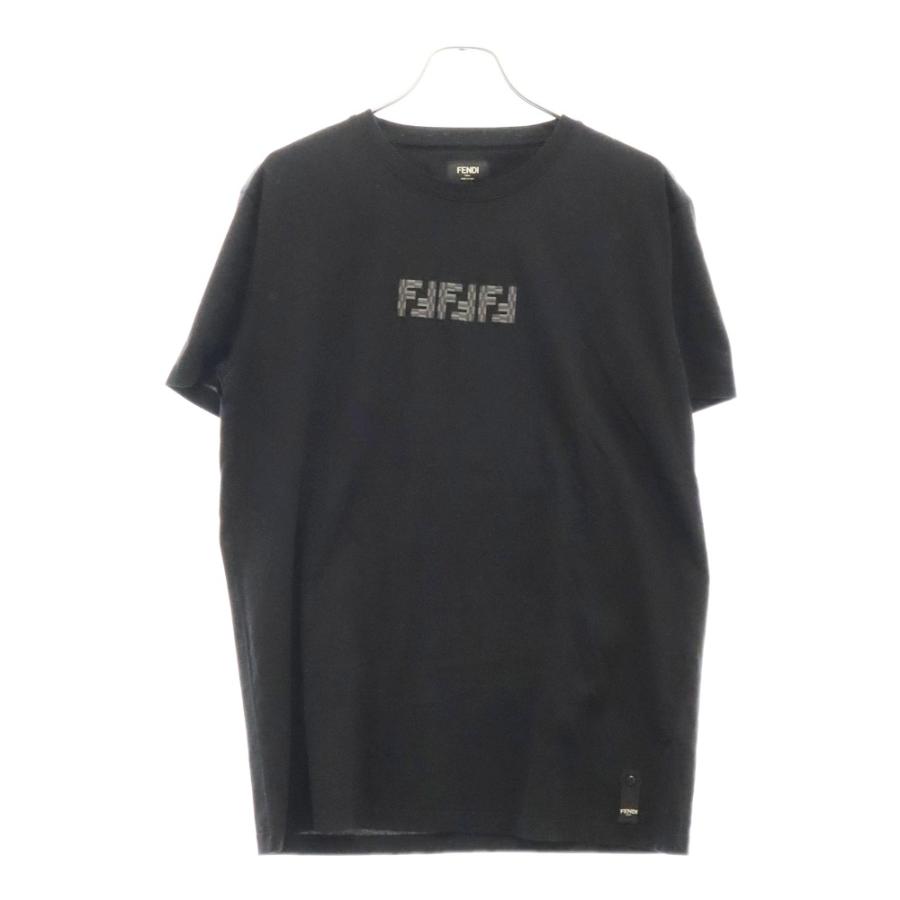 FENDI フェンディ フロントデザイン ブラックコットン 半袖Tシャツ 