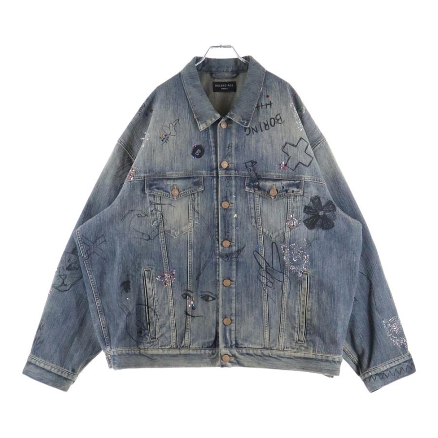 BALENCIAGA バレンシアガ Distressed Graffiti Decoration Denim Jacket ダメージ加工 スパンコール装飾 グラフィティデニムジャケット インディゴ BALENCIAGA（バレンシアガ） Distressed Graffiti Decoration Denim