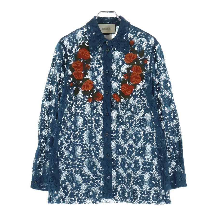 GUCCI グッチ 16SS Floral Shirt 花柄刺繍 レース長袖シャツ ネイビー 419616 ZGZ82 レディース GUCCI（グッチ） 16SS Floral Shirt 花柄刺繍 レース長袖シャツ