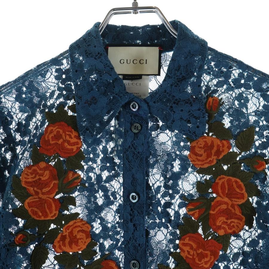 GUCCI グッチ 16SS Floral Shirt 花柄刺繍 レース長袖シャツ ネイビー 419616 ZGZ82 レディース GUCCI（グッチ） 16SS Floral Shirt 花柄刺繍 レース長袖シャツ