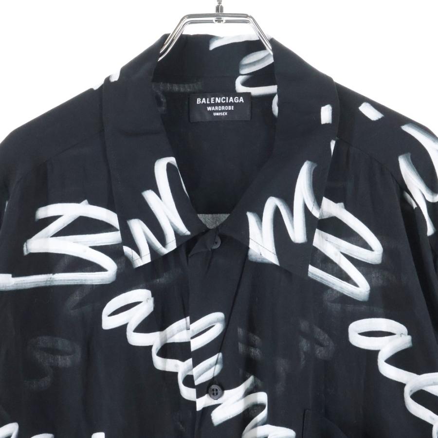 BALENCIAGA（バレンシアガ） 23AW 総柄ロゴ シルク半袖シャツ ブラック