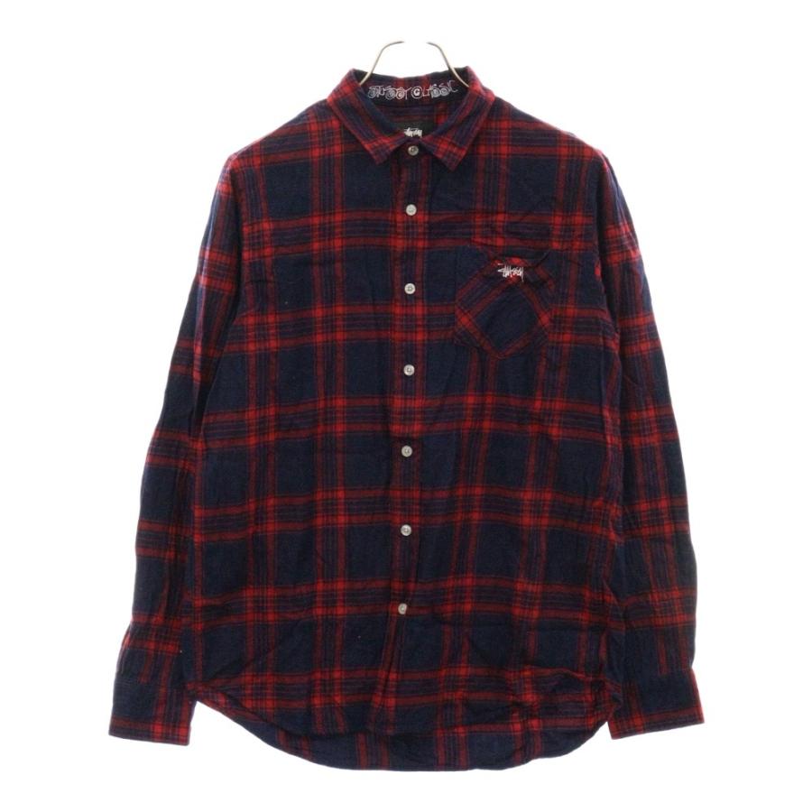 STUSSY CLASSIC ロゴ刺繍長袖チェックシャツ レッド : BRING STUSSY CLASSIC ロゴ刺繍長袖チェックシャツ レッド : BRING