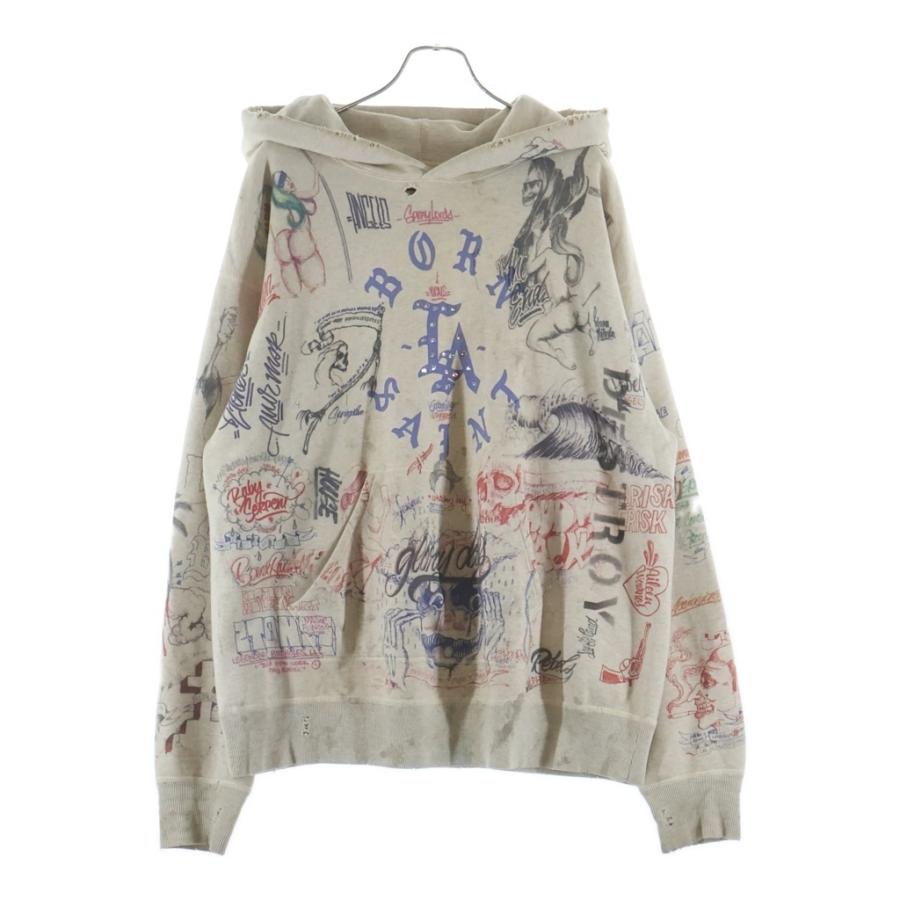SAINT MICHAEL セントマイケル 24SS×BORN RAISED BR HOODIE LA ボーンレイズド グラフィックプリント スタッズ装飾 プルオーバースウェットパーカー SM-YS8-0000-C11 セントマイケル 24SS ×BORN RAISED BR HOODIE LA グラフィックプリント