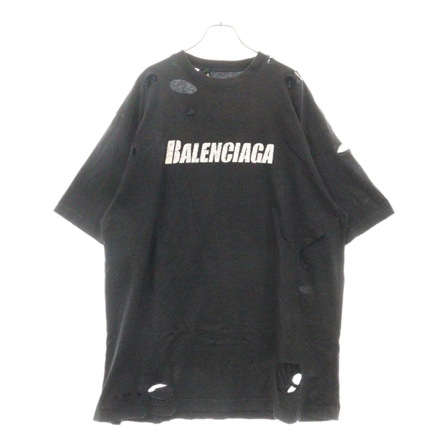 BALENCIAGA バレンシアガ 21SS デストロイ加工ロゴプリント 半袖T 