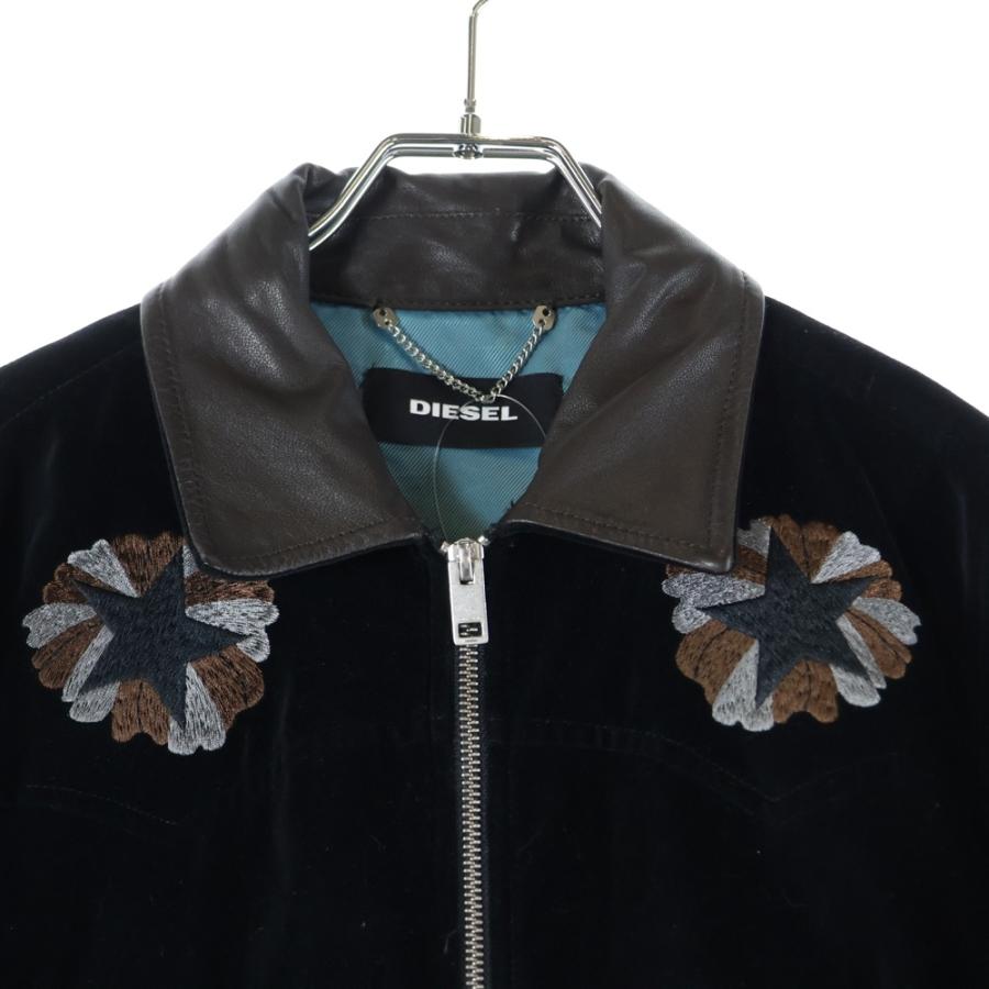 DIESEL スタジャン　ベロア　ブルゾン レザー 切替　刺繍 黒　M DIESEL（ディーゼル） 襟レザー切替 ベロア ボンバージャケット