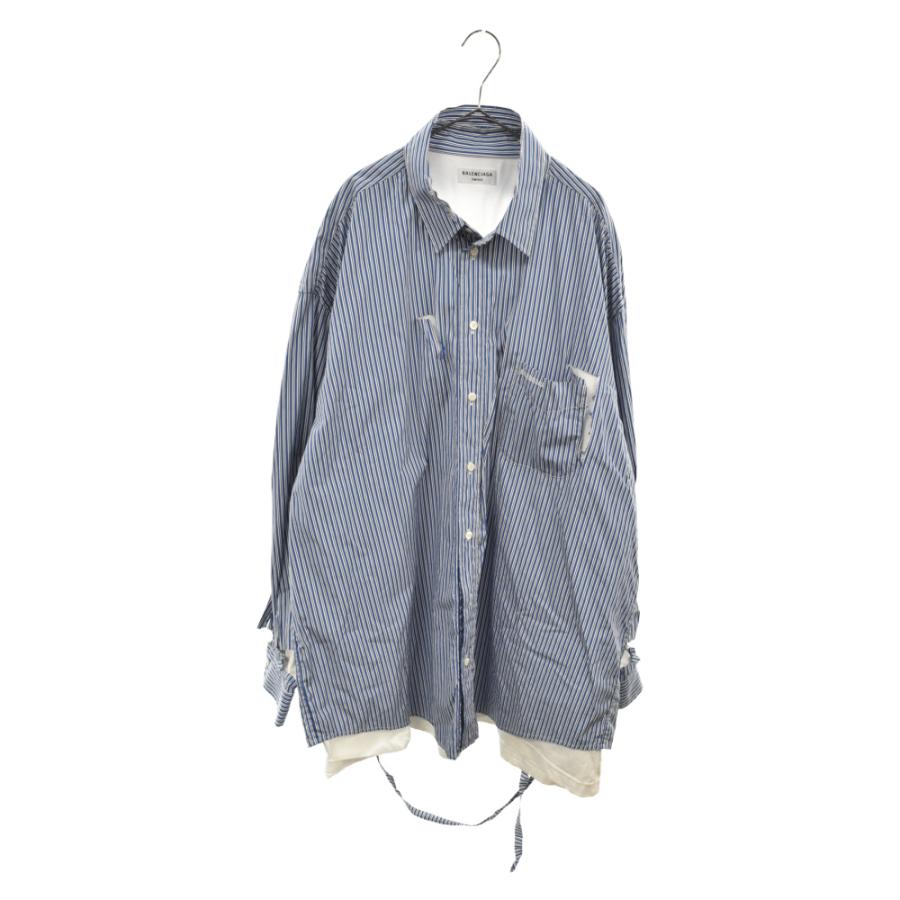 バレンシアガ デストロイ加工ストライプ長袖シャツ ブルー  