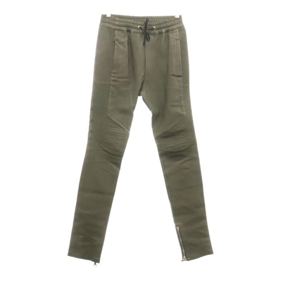 BALMAIN バルマン ラムレザー 蛇腹 バイカージョガーパンツ カーキ  